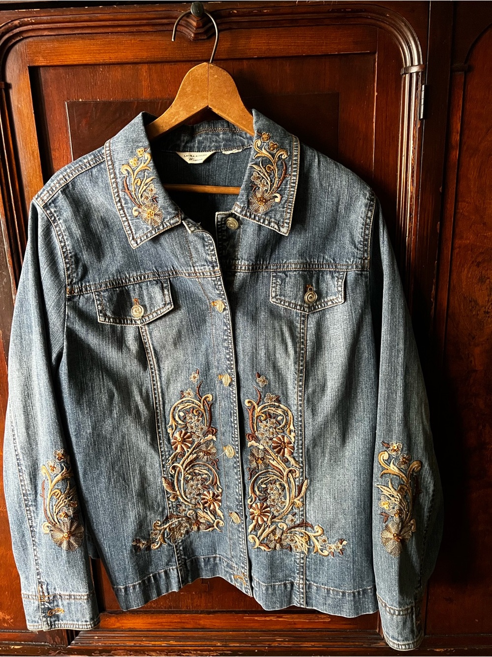 Laura Ashley Denim Jacket with Gold Floral Embroidery